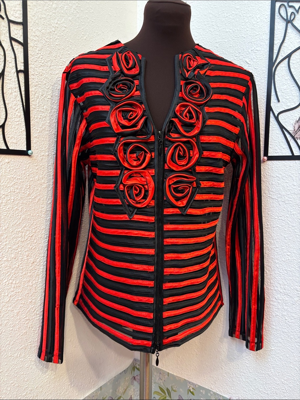 Becky & Bobby red and black semi-sheer mesh reverse zip-up jacket. Size M.